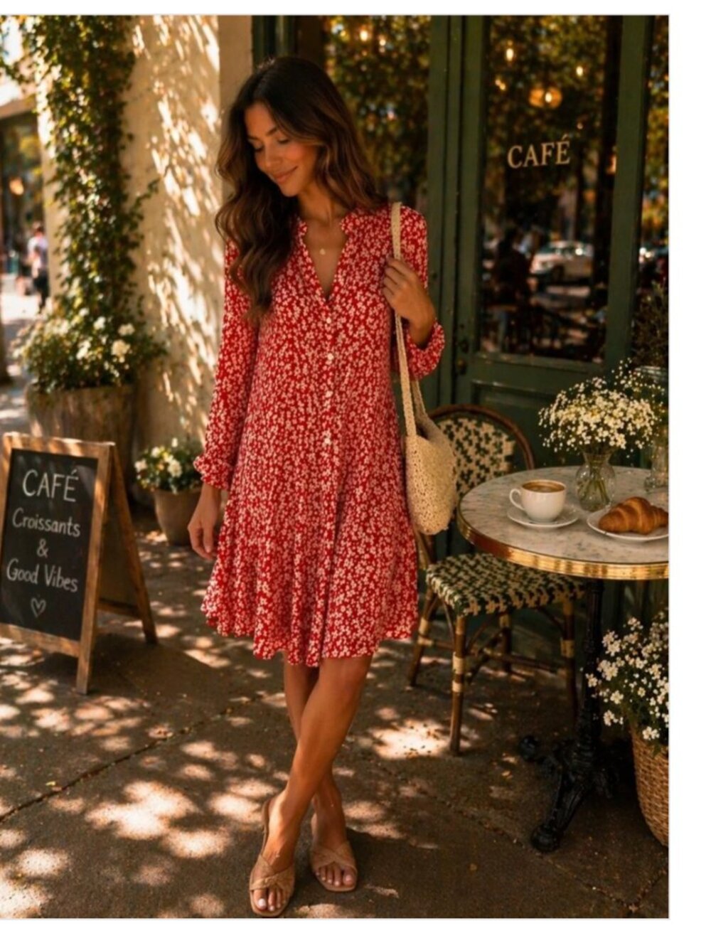 J. Crew Ruffle Tossed Floral Print A-Line Pleated Shirt Dress Size L Red Ivory